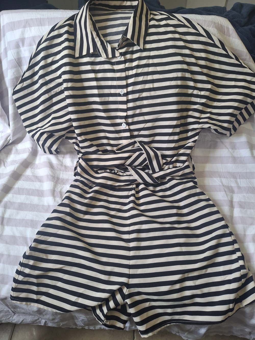 Striped Navy and Cream Short Romper